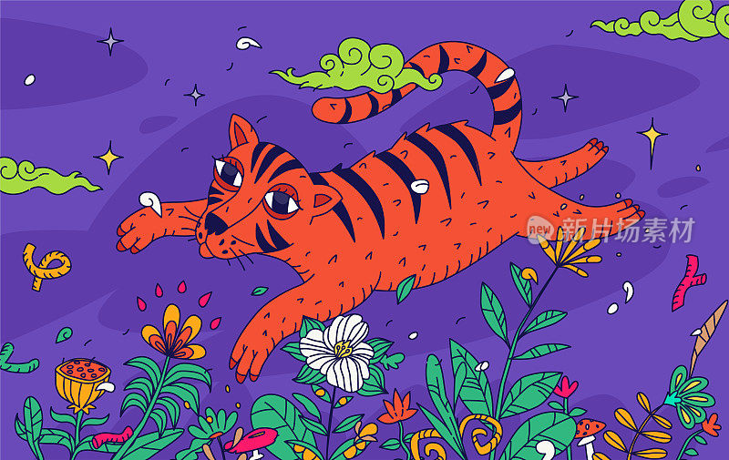Illustration of a tiger flying over a field of flowers. Cute cartoon cat in doodle style. Decorative style for the interior and books. Character for animation. A surreal and fantasy world.